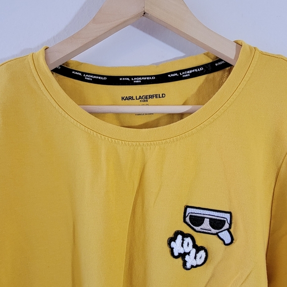 KARL LAGERFELD Paris Emoji Patch Tie Top Sz L Yellow Banded Sleeve Minimalist - Picture 4 of 12